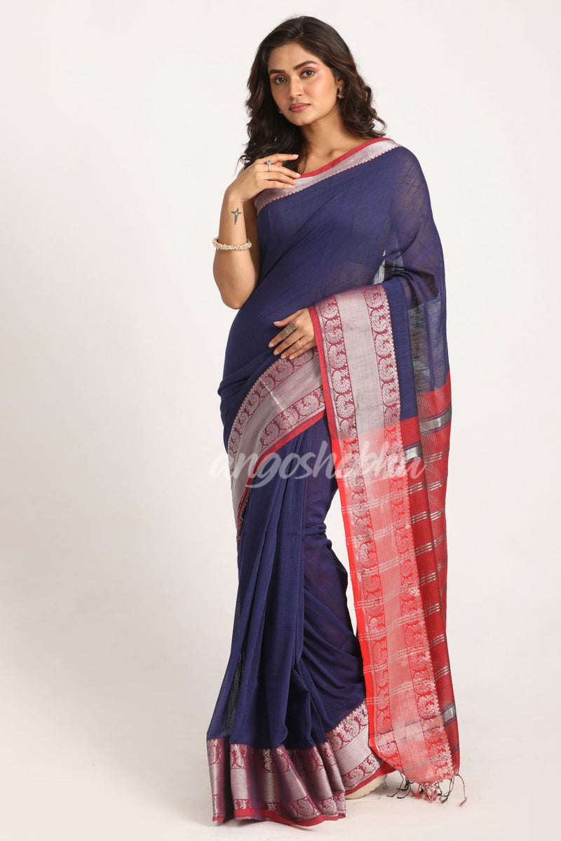 Navy Blue Handloom Cotton Tangail Saree