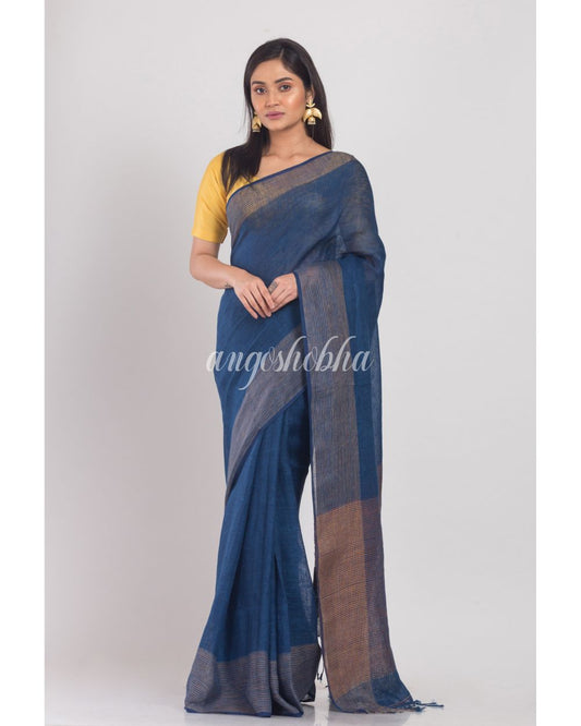 Navy Blue Handloom Linen Saree angoshobha