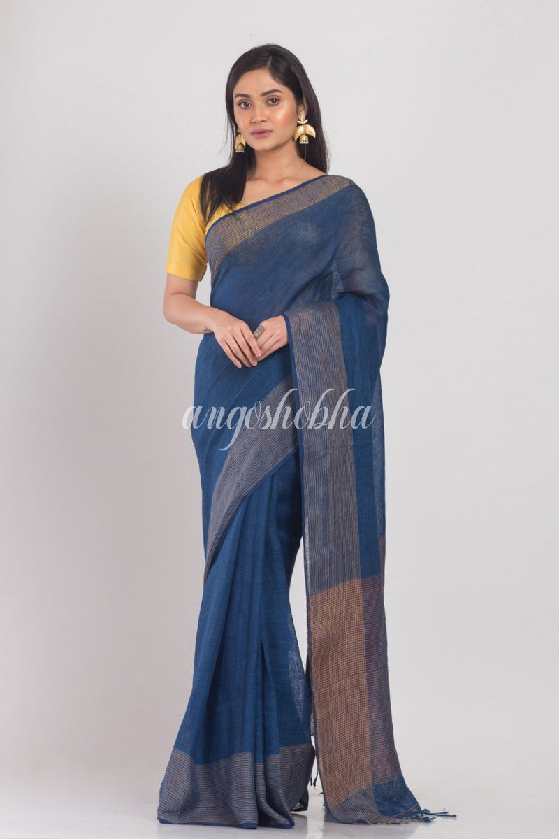 Navy Blue Handloom Linen Saree