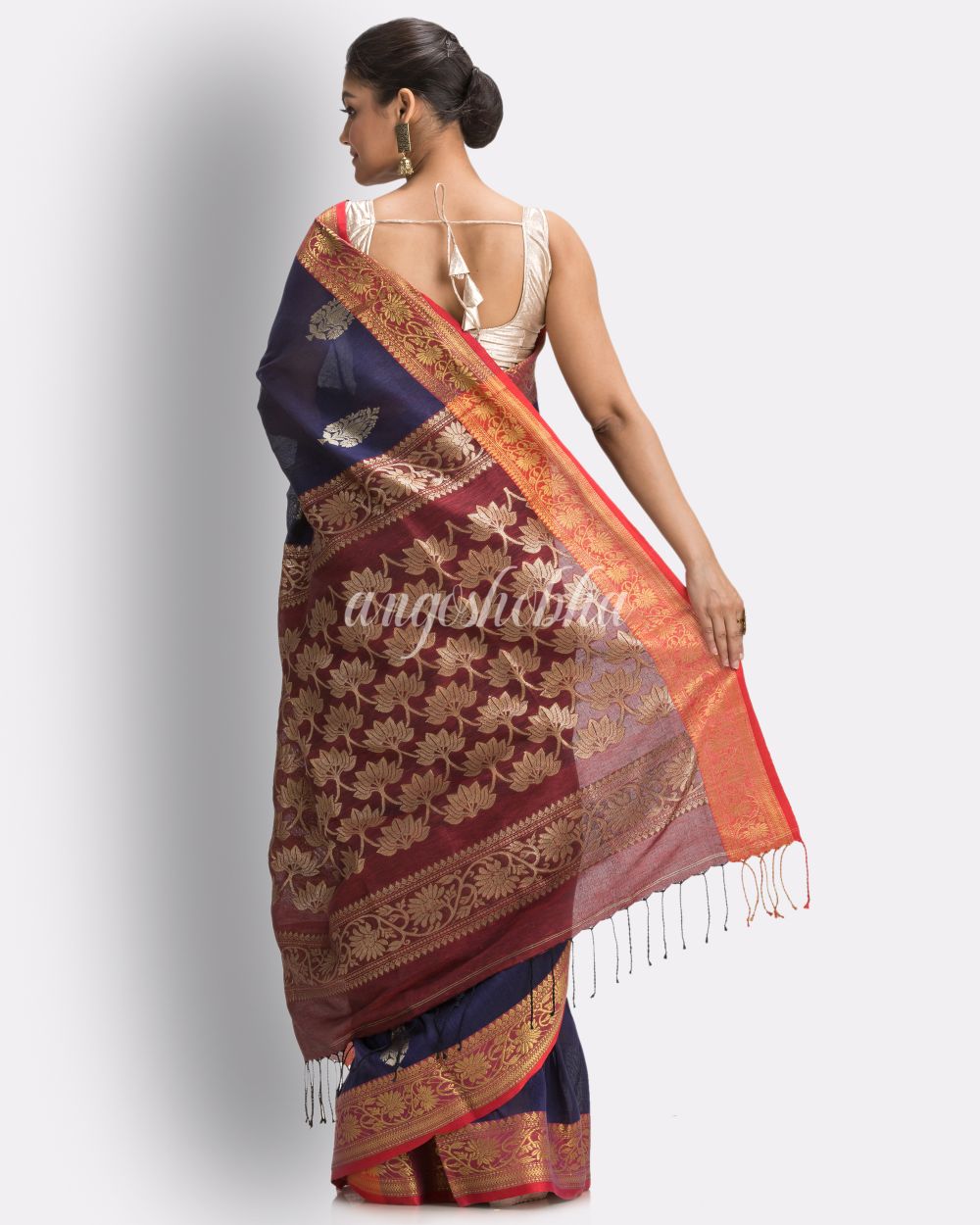 Navy Blue Handloom Traditional Tangail Linen Saree angoshobha