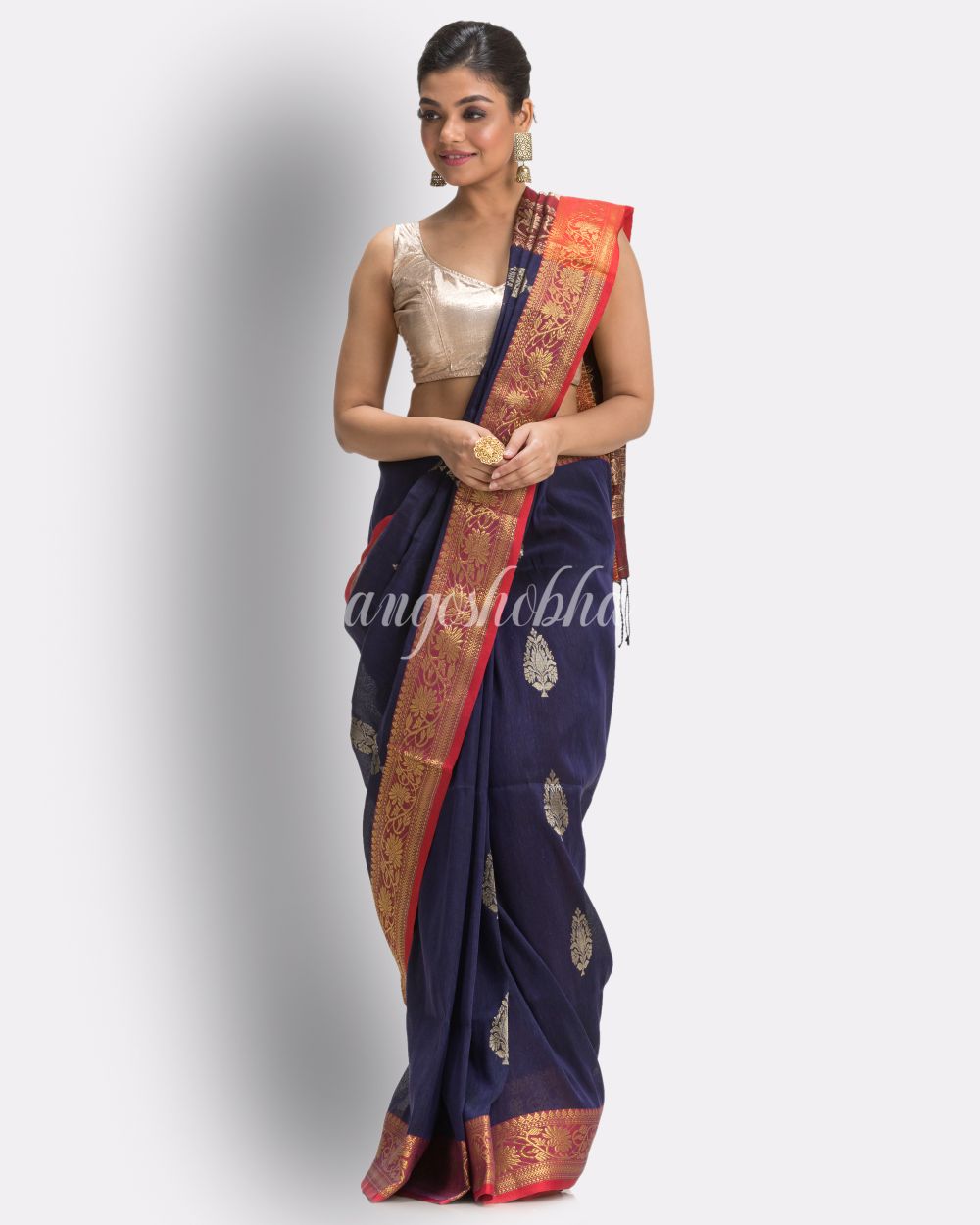 Navy Blue Handloom Traditional Tangail Linen Saree angoshobha