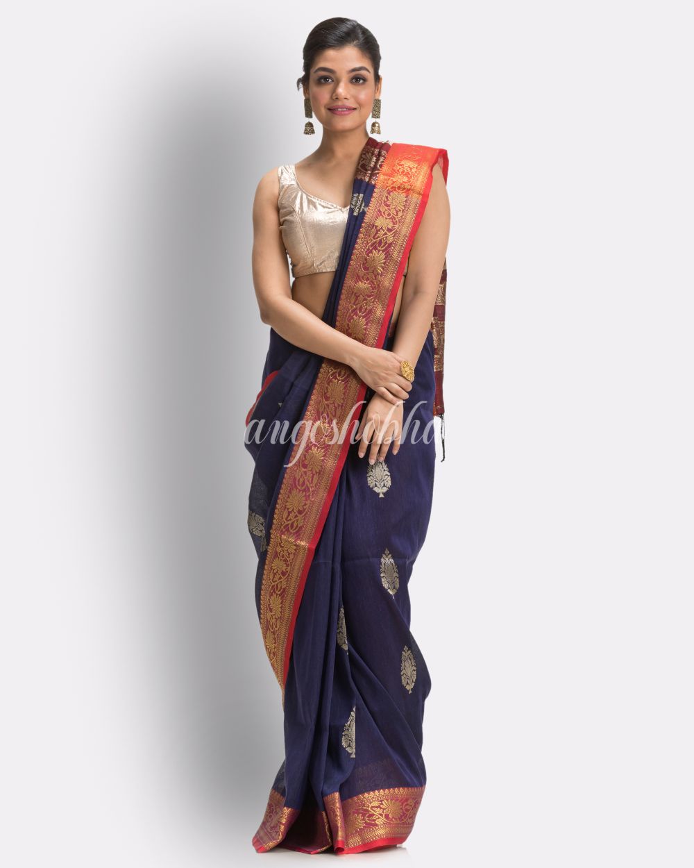 Navy Blue Handloom Traditional Tangail Linen Saree angoshobha