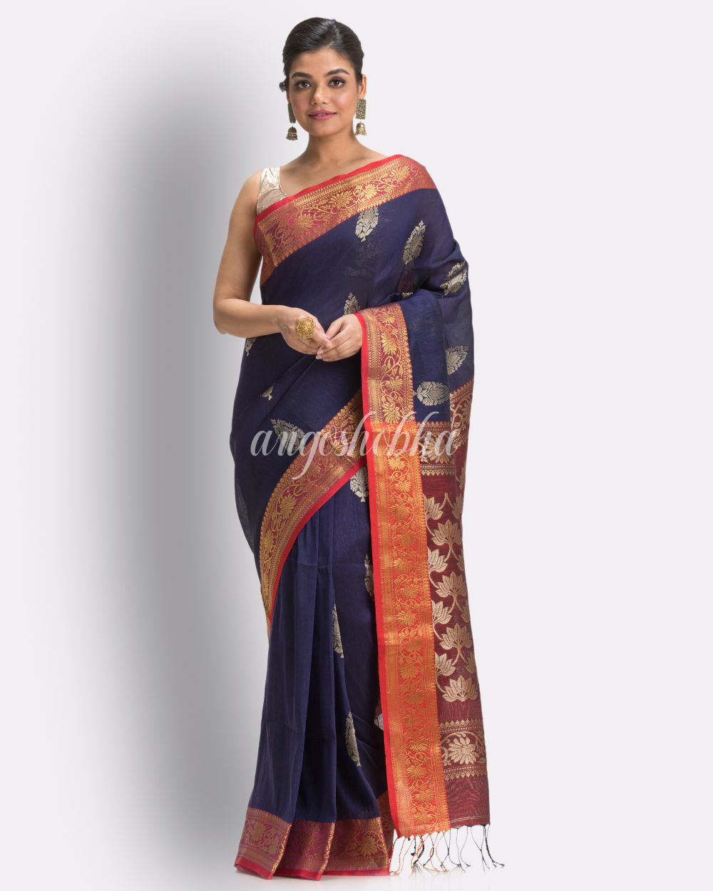 Navy Blue Handloom Traditional Tangail Linen Saree angoshobha