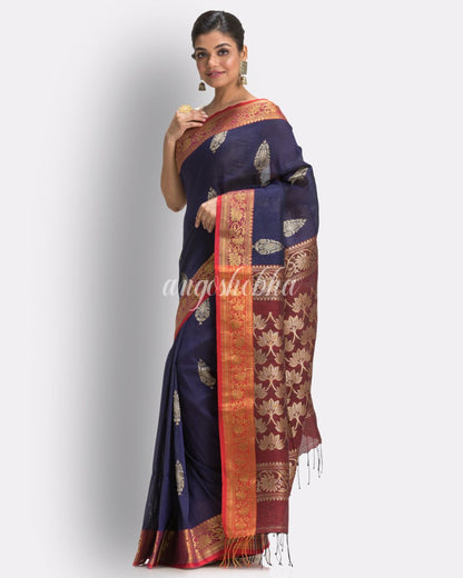 Navy Blue Handloom Traditional Tangail Linen Saree angoshobha