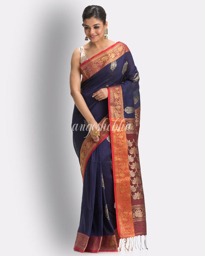 Navy Blue Handloom Traditional Tangail Linen Saree angoshobha