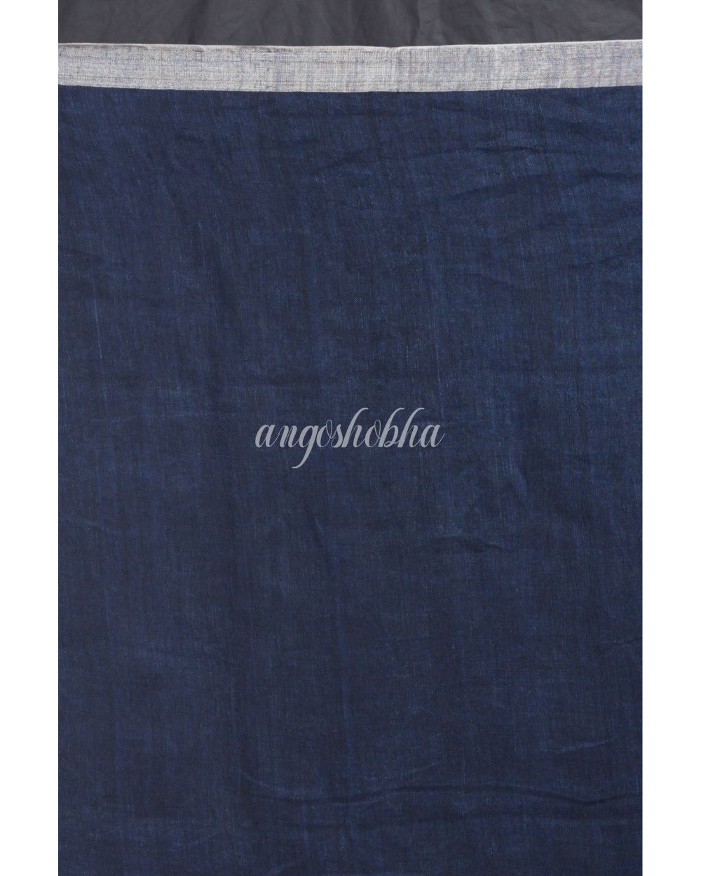 Navy Blue Linen Saree With Silver Zari Pallu And Border angoshobha