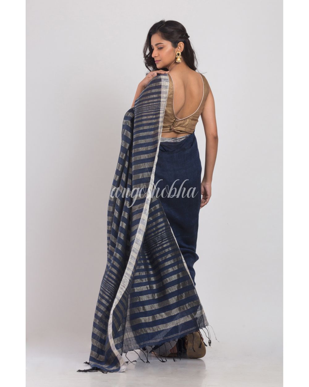 Navy Blue Linen Saree With Silver Zari Pallu And Border angoshobha