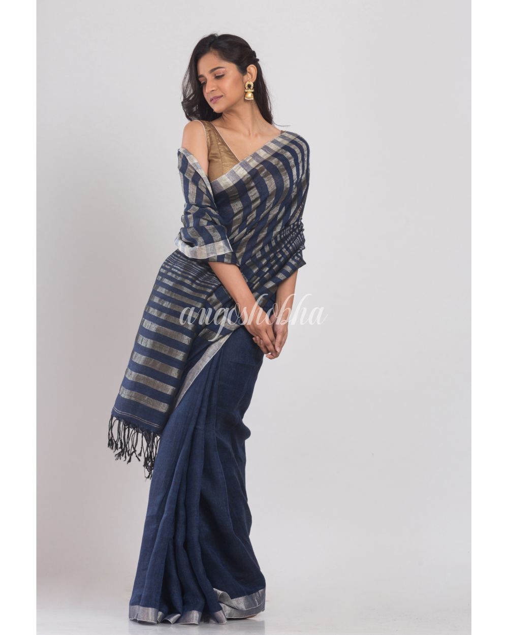 Navy Blue Linen Saree With Silver Zari Pallu And Border angoshobha