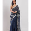 Navy Blue Linen Saree With Silver Zari Pallu And Border angoshobha