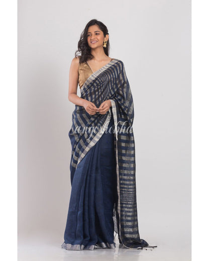 Navy Blue Linen Saree With Silver Zari Pallu And Border angoshobha