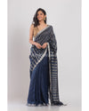 Navy Blue Linen Saree With Silver Zari Pallu And Border