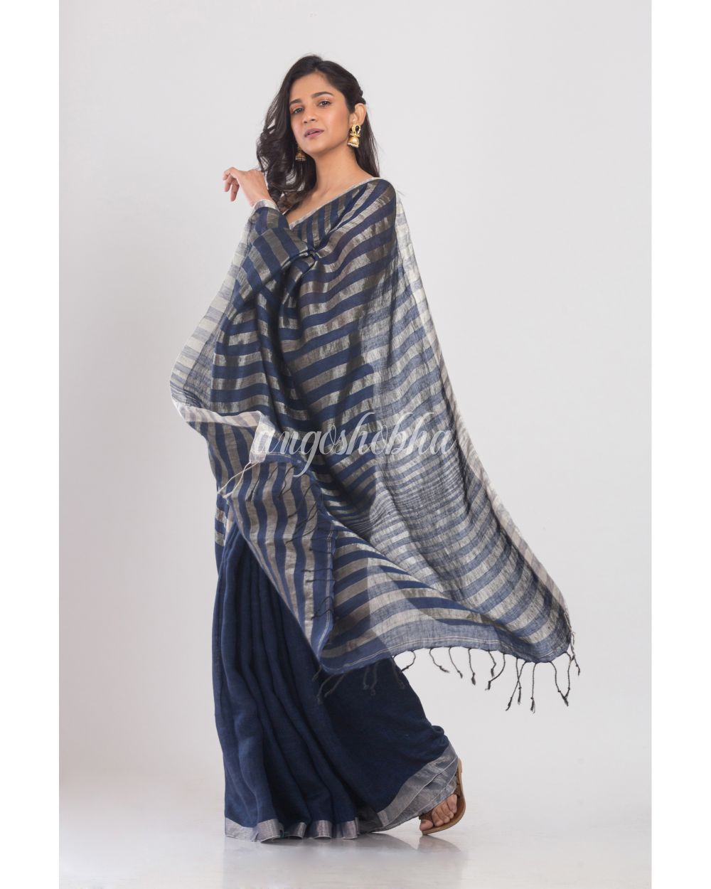 Navy Blue Linen Saree With Silver Zari Pallu And Border angoshobha