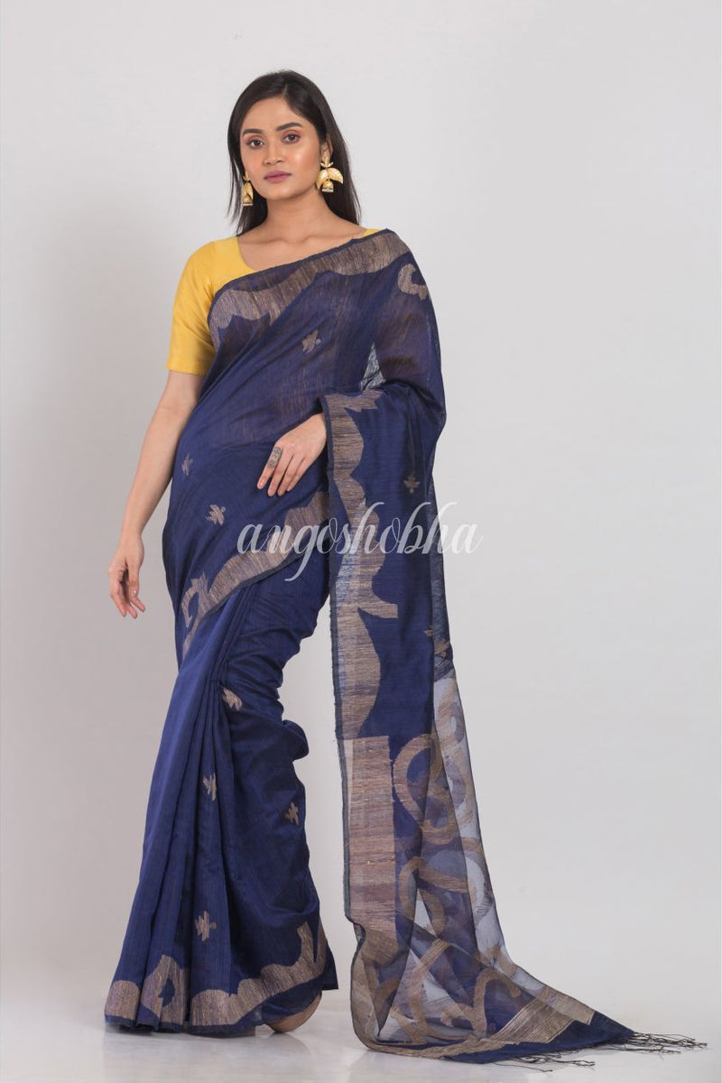 Navy Blue Matka Silk Jamdani Saree