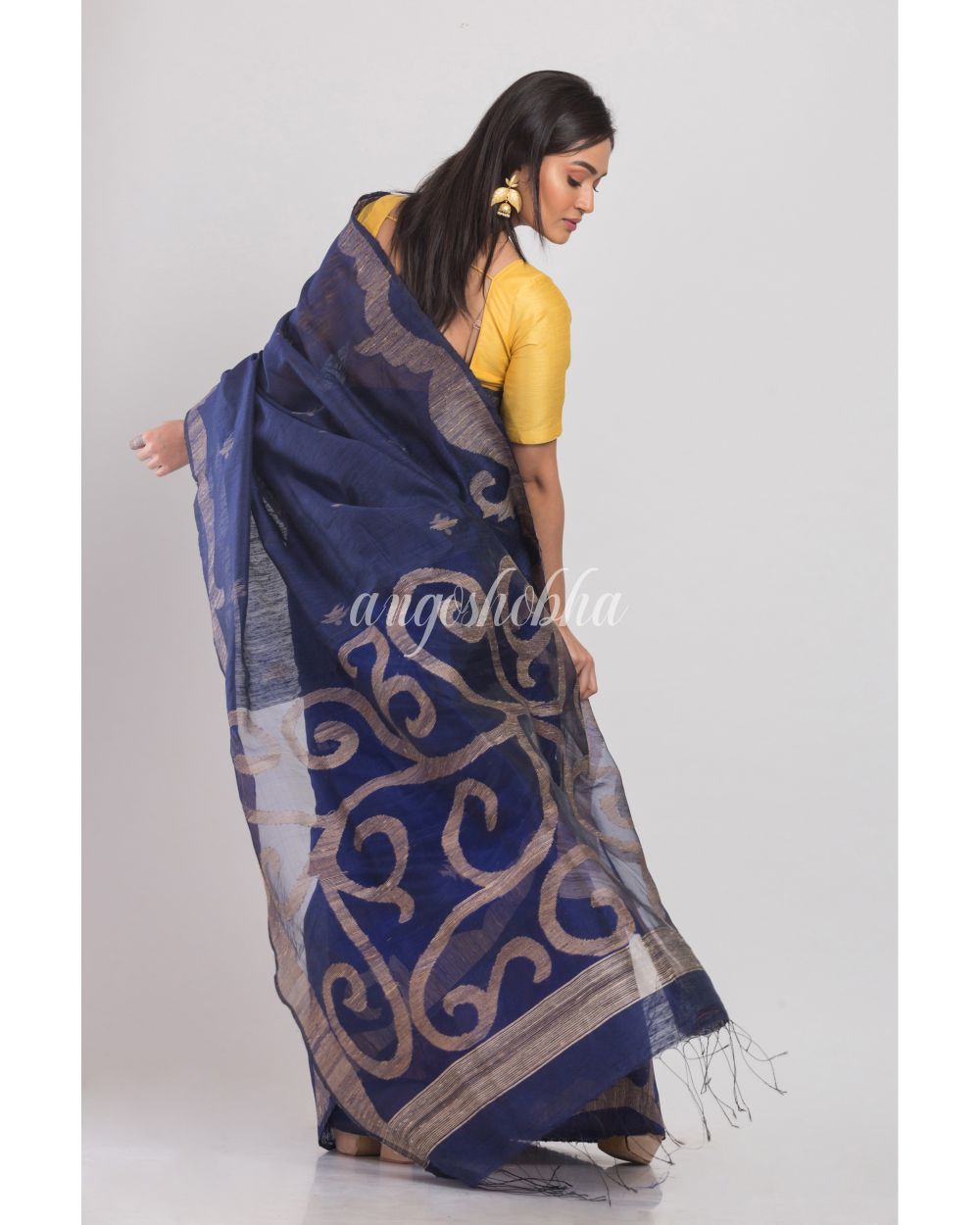 Navy Blue Matka Silk Jamdani Saree angoshobha