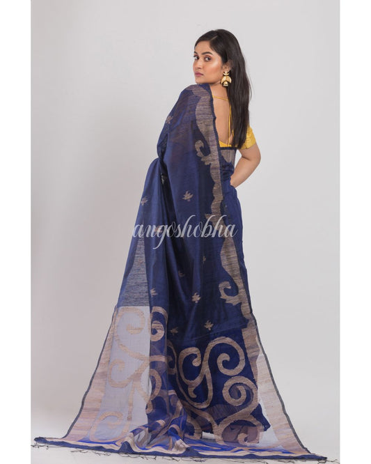 Navy Blue Matka Silk Jamdani Saree angoshobha