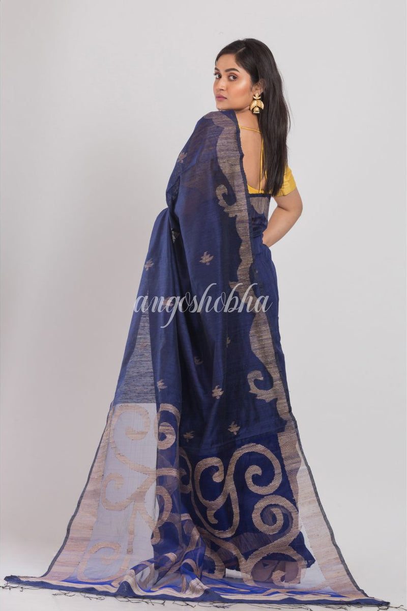 Navy Blue Matka Silk Jamdani Saree