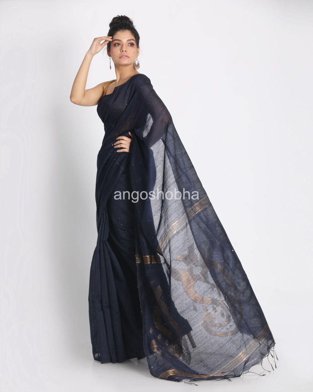 Navy Blue Sequins Handloom Cotton Silk Saree angoshobha