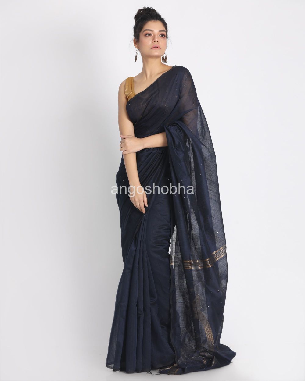 Navy Blue Sequins Handloom Cotton Silk Saree angoshobha