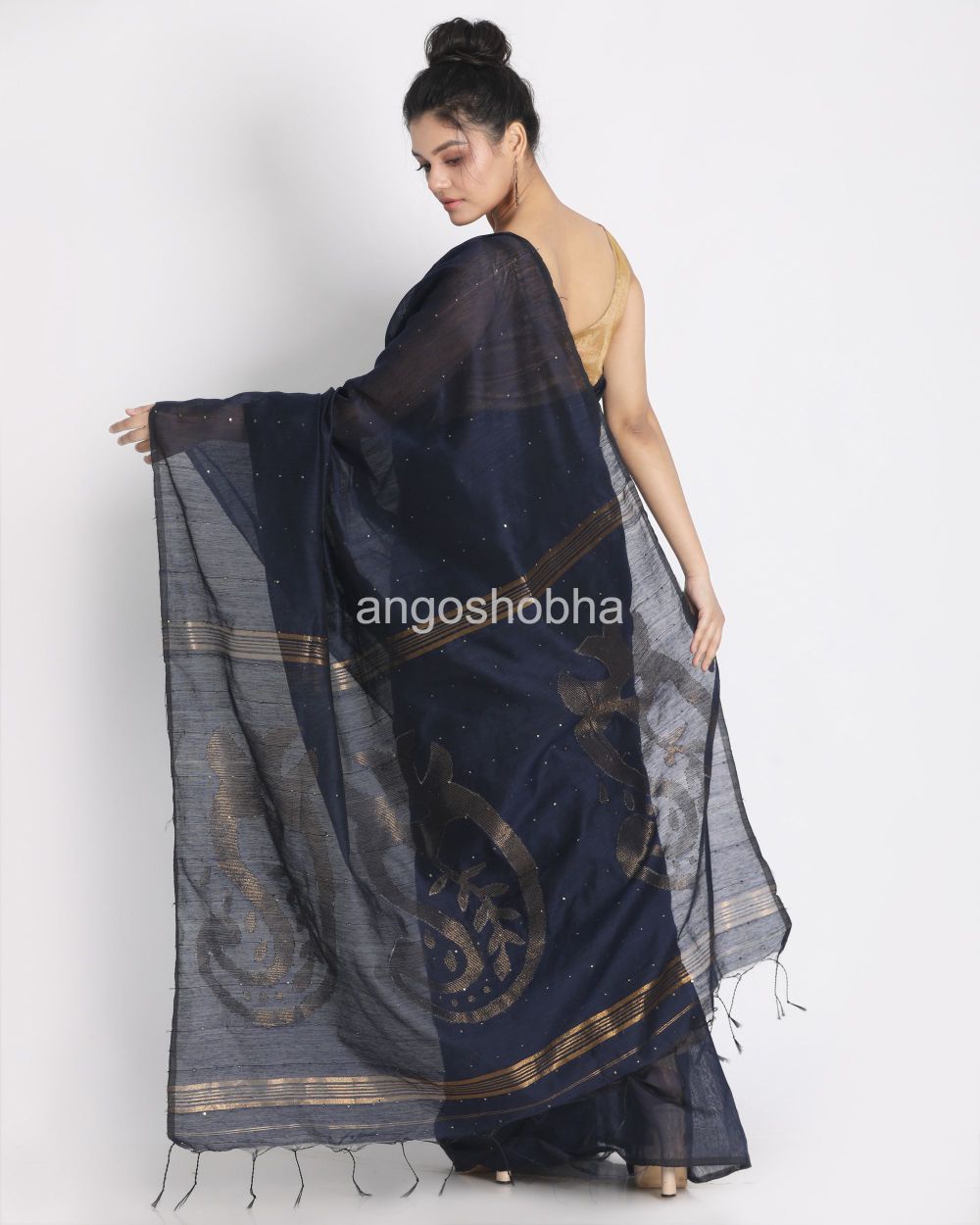 Navy Blue Sequins Handloom Cotton Silk Saree angoshobha