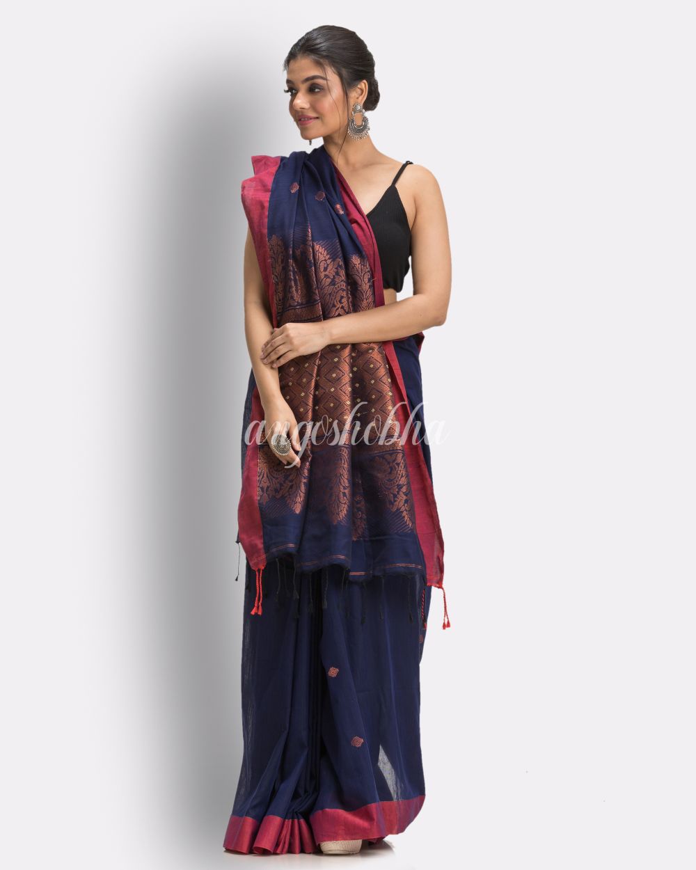 Navy Blue Tangail Cotton Handloom Saree angoshobha