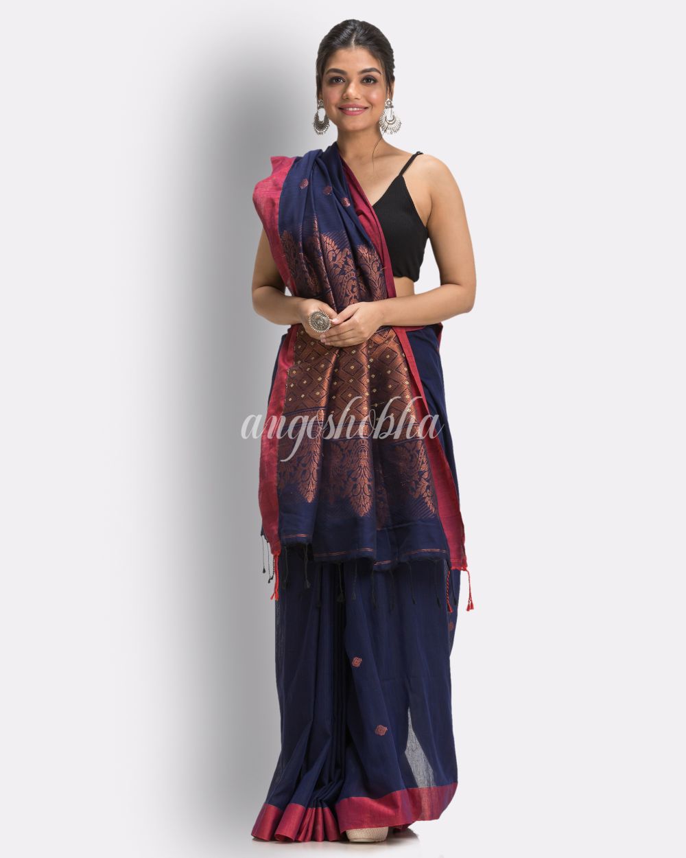 Navy Blue Tangail Cotton Handloom Saree angoshobha