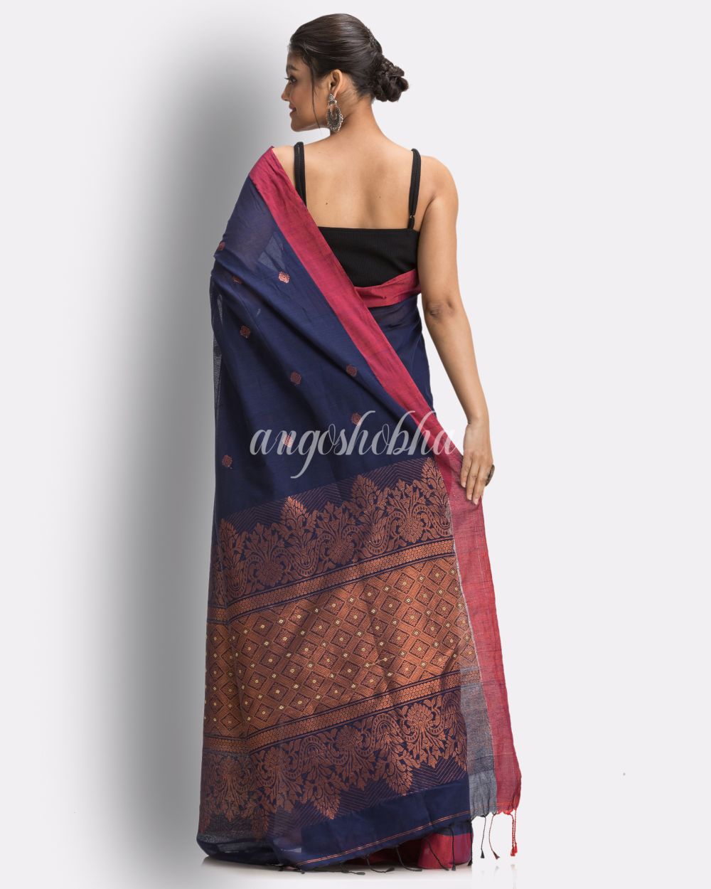 Navy Blue Tangail Cotton Handloom Saree angoshobha