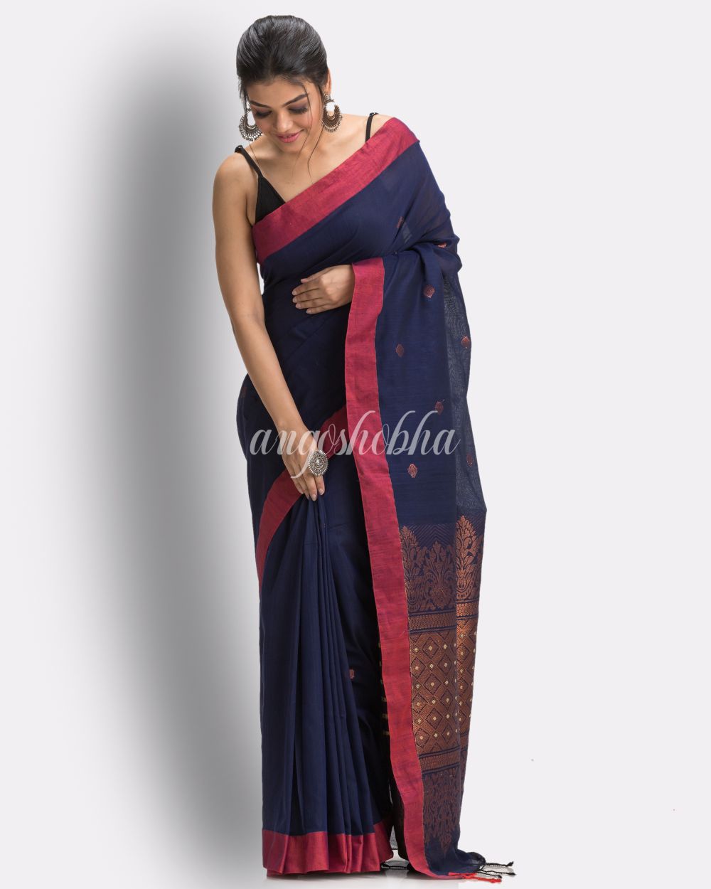 Navy Blue Tangail Cotton Handloom Saree angoshobha