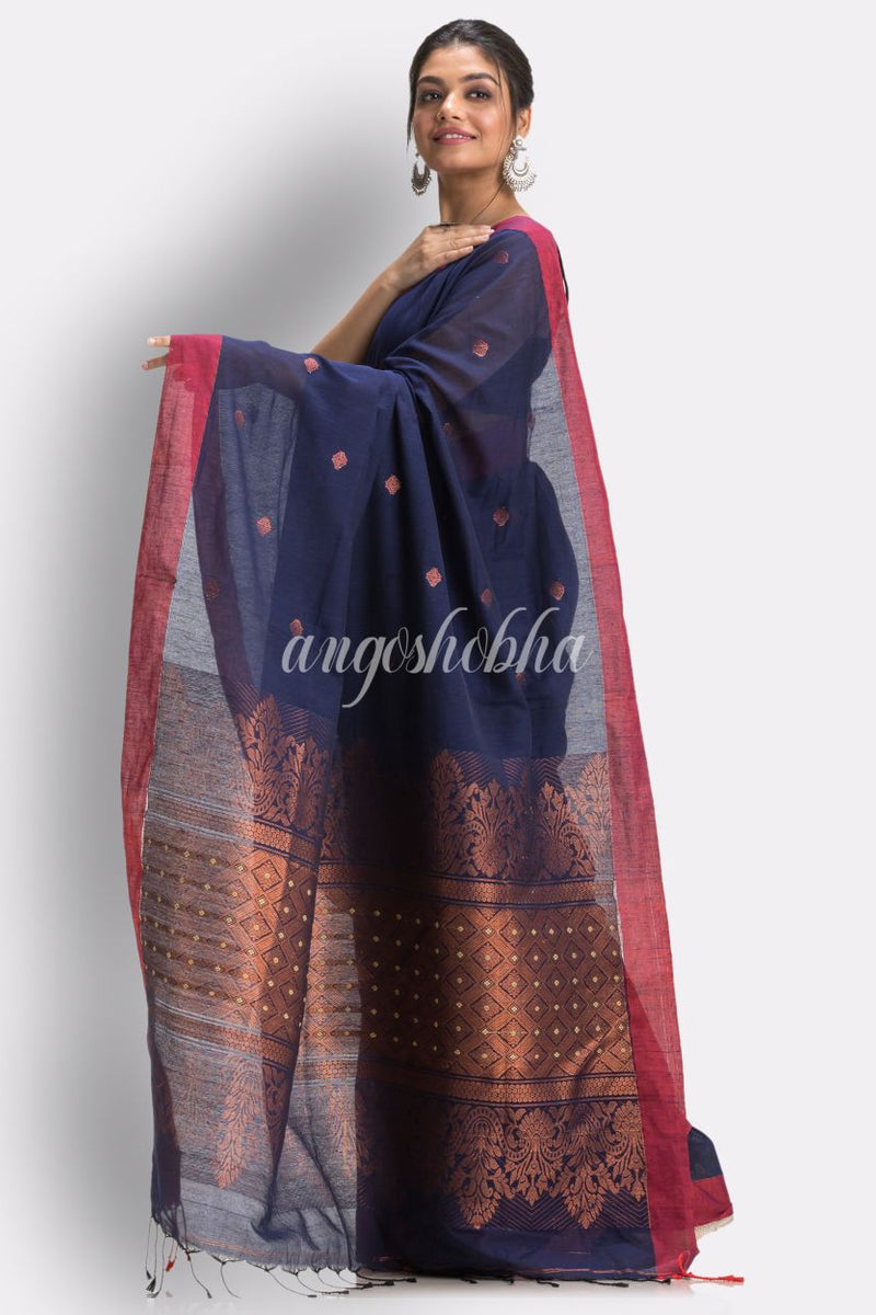Navy Blue Tangail Cotton Handloom Saree