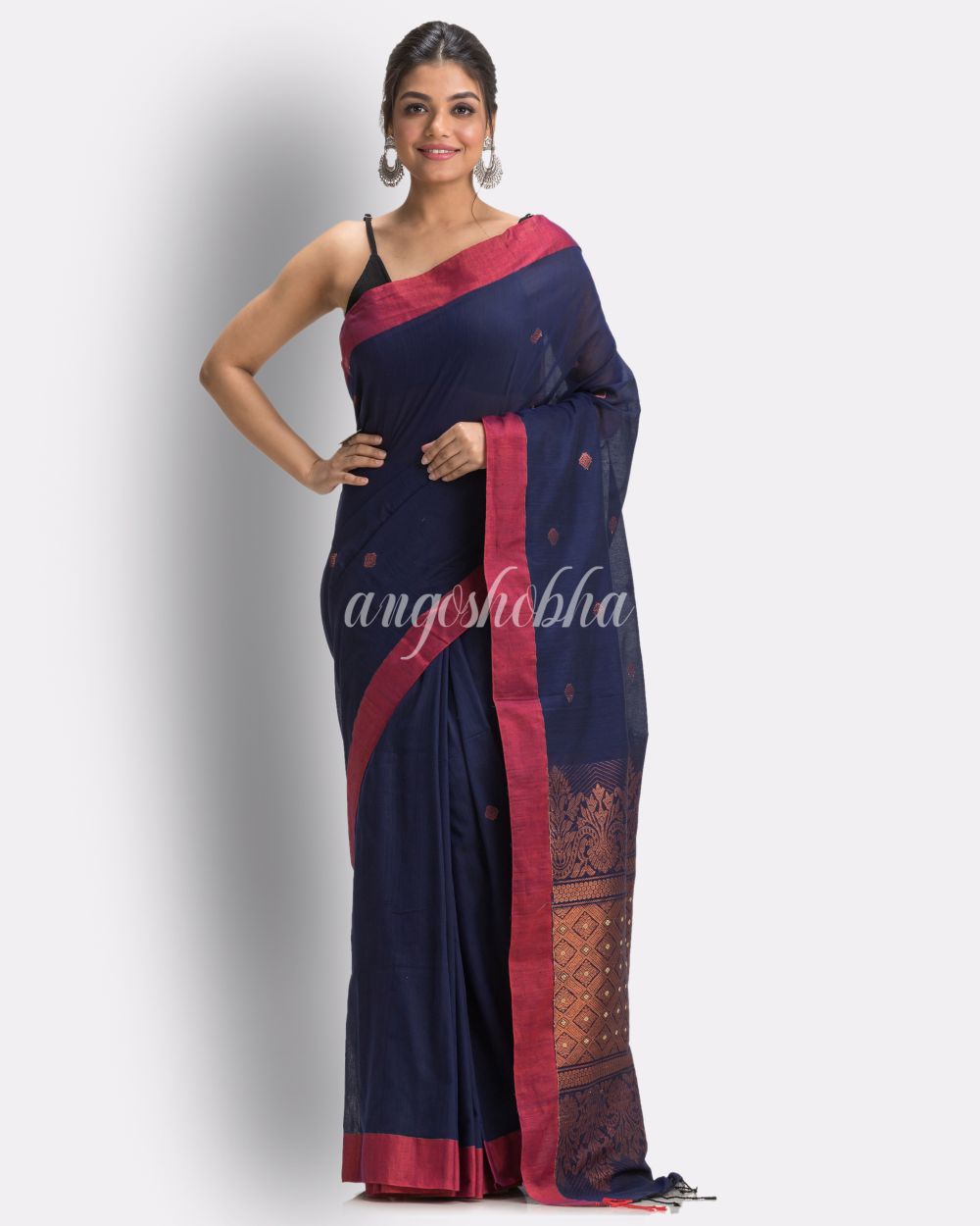Navy Blue Tangail Cotton Handloom Saree angoshobha