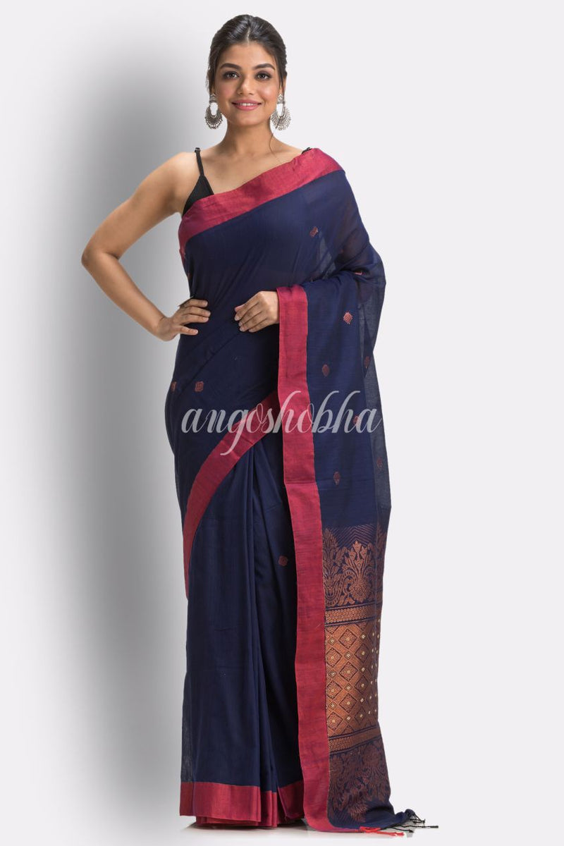 Navy Blue Tangail Cotton Handloom Saree