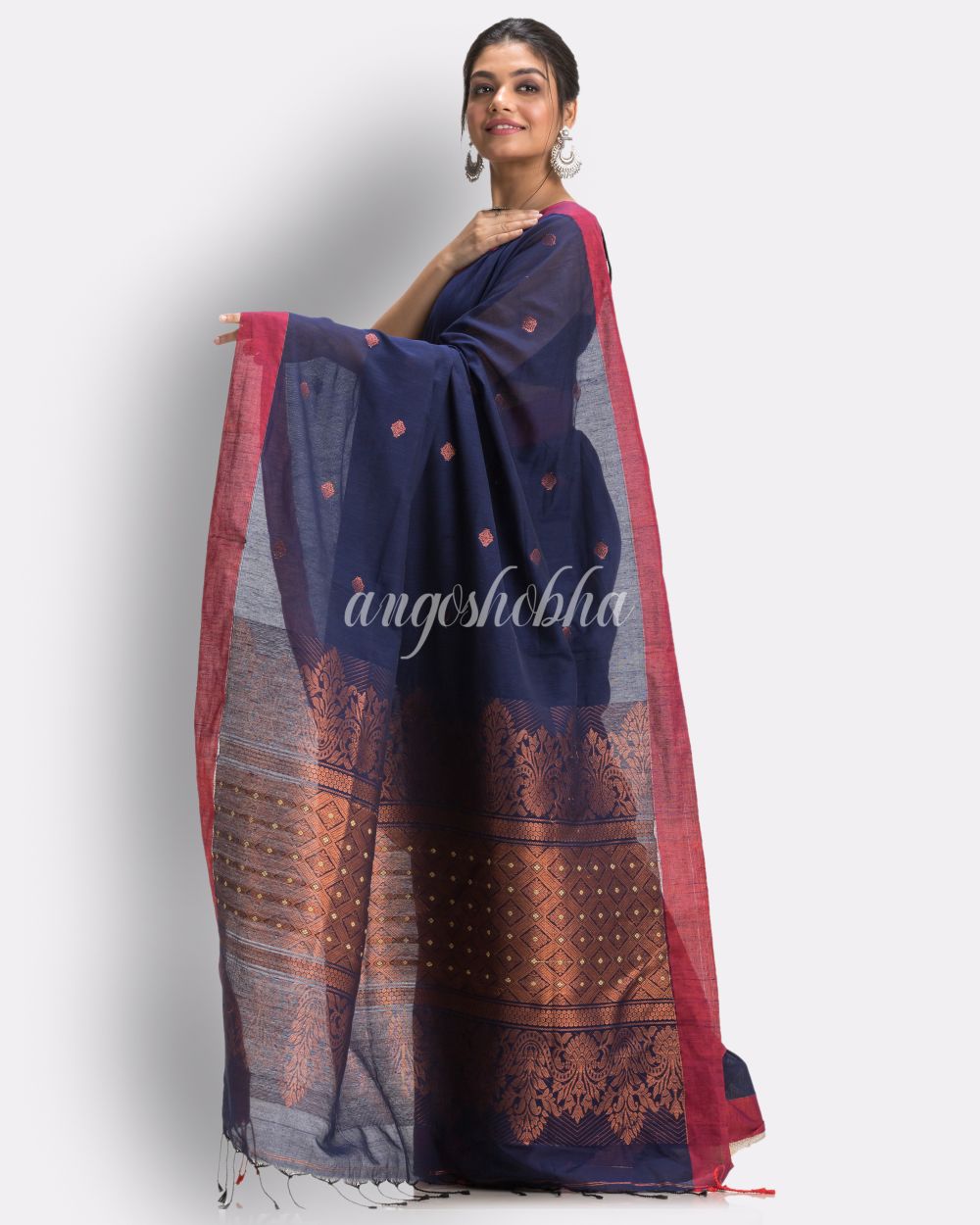 Navy Blue Tangail Cotton Handloom Saree angoshobha