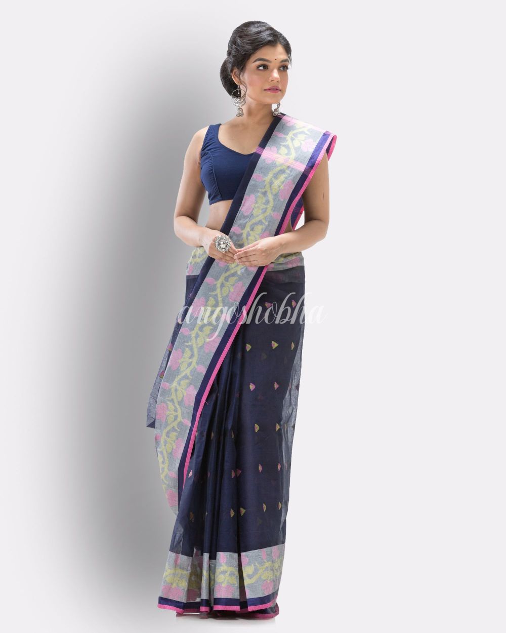 Navyblue Woven Design Pure Cotton Handloom Tant Saree angoshobha