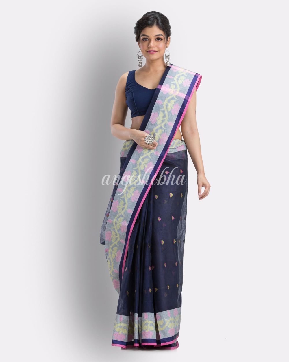 Navyblue Woven Design Pure Cotton Handloom Tant Saree angoshobha