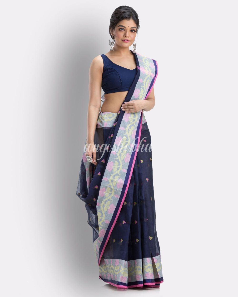 Navyblue Woven Design Pure Cotton Handloom Tant Saree angoshobha