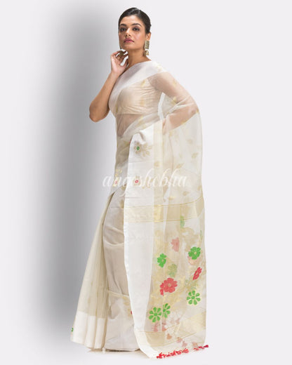 Off Whihe Art Silk Muslin Handloom Jamdani Saree angoshobha