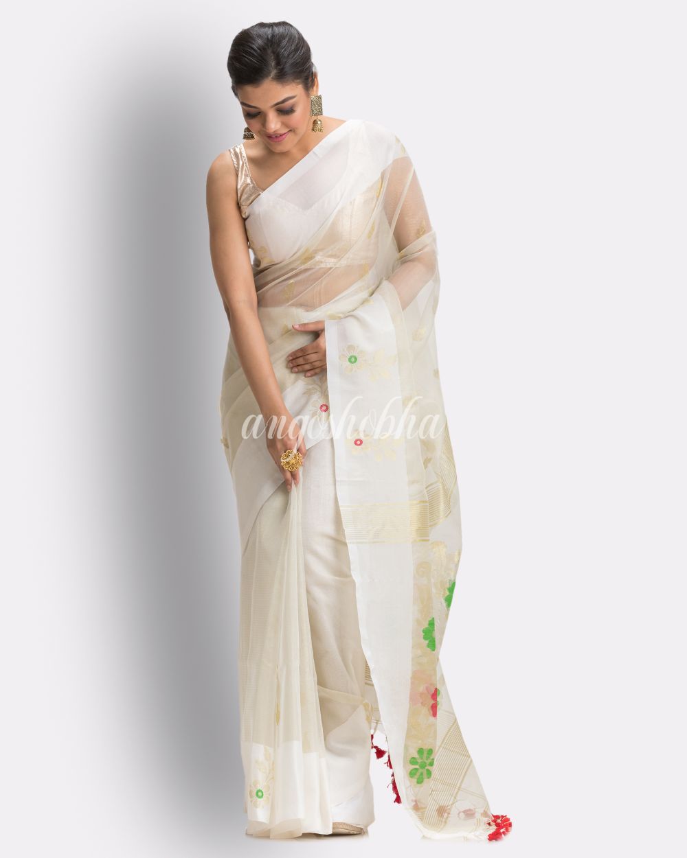 Off Whihe Art Silk Muslin Handloom Jamdani Saree angoshobha