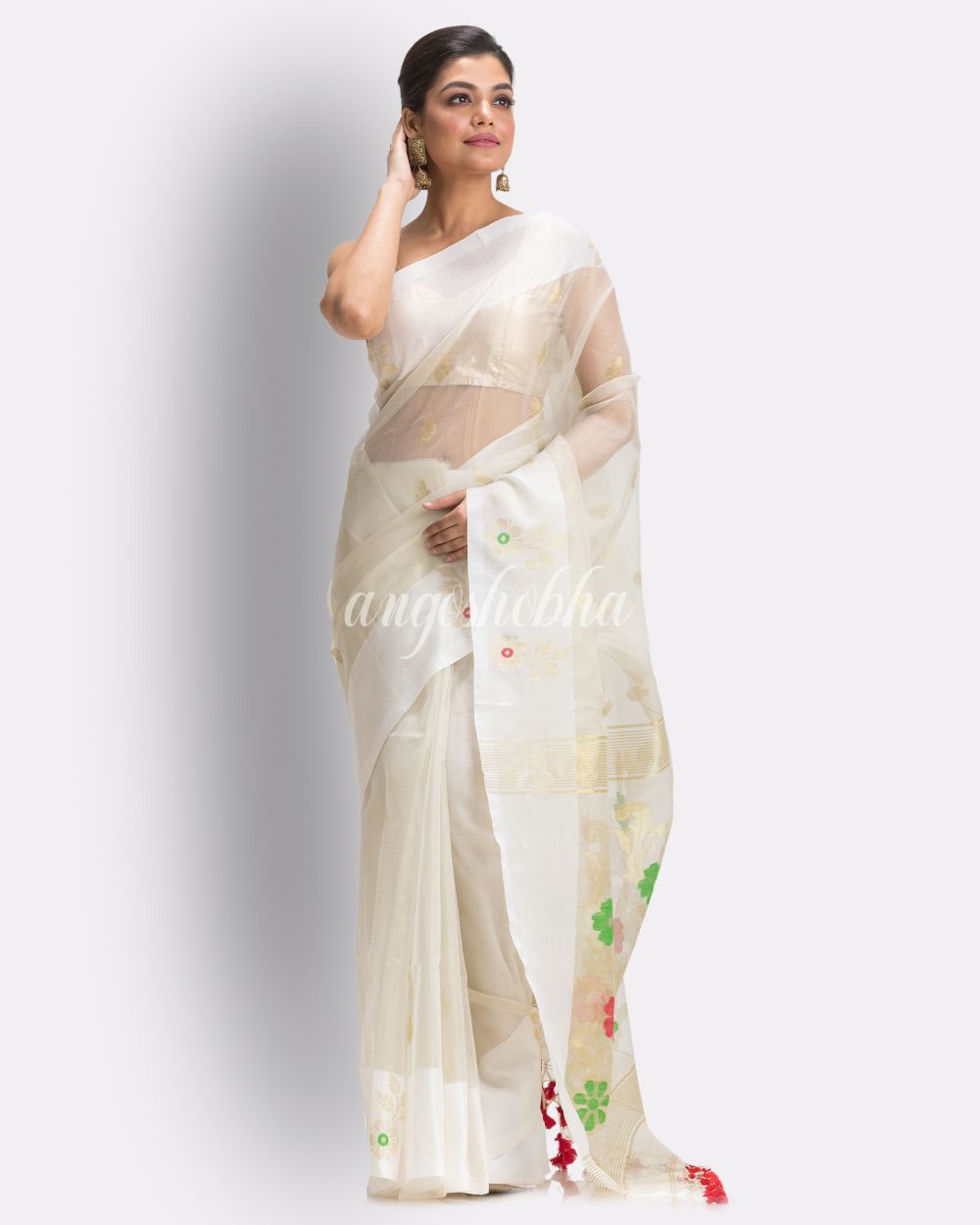 Off Whihe Art Silk Muslin Handloom Jamdani Saree angoshobha