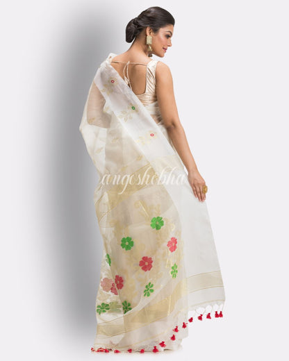 Off Whihe Art Silk Muslin Handloom Jamdani Saree angoshobha