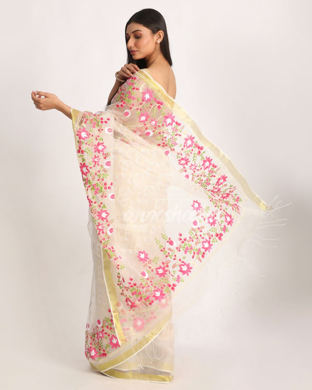 Off White Art Silk Muslin Handloom Embroidery Saree angoshobha