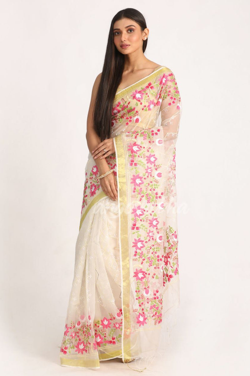 Off White Art Silk Muslin Handloom Embroidery Saree