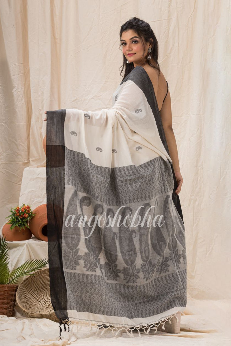 Off White Cotton Tangail Festive Saree