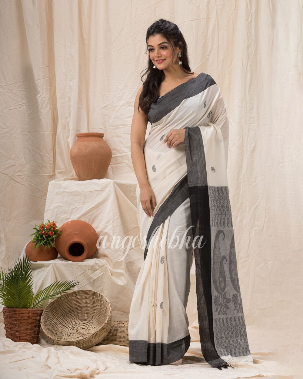 Off White Cotton Tangail Festive Saree angoshobha
