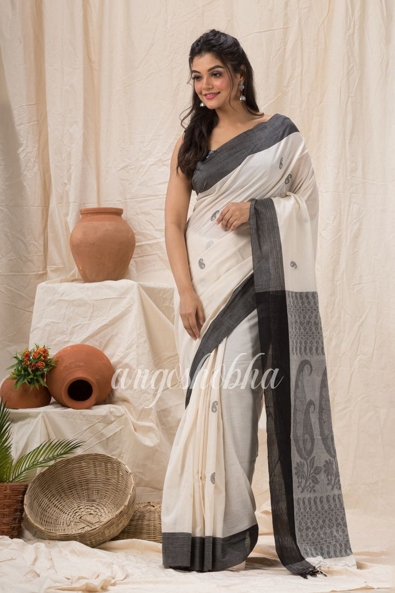Off White Cotton Tangail Festive Saree