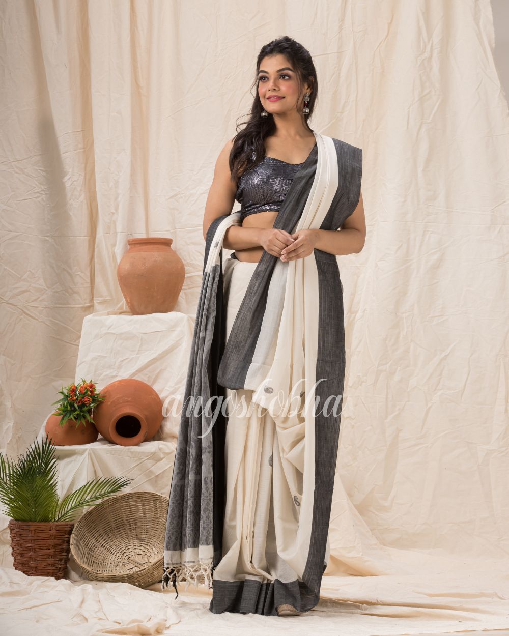 Off White Cotton Tangail Festive Saree angoshobha