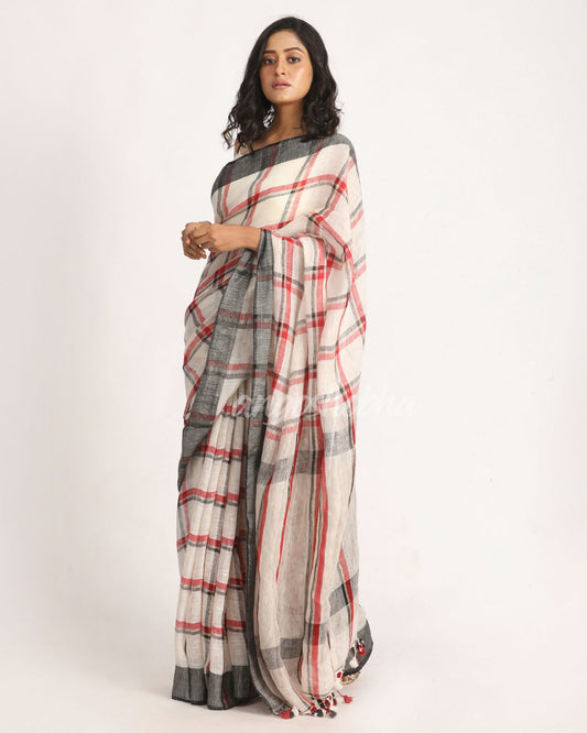 Off White Red Traditional Check Linen Handloom Saree angoshobha