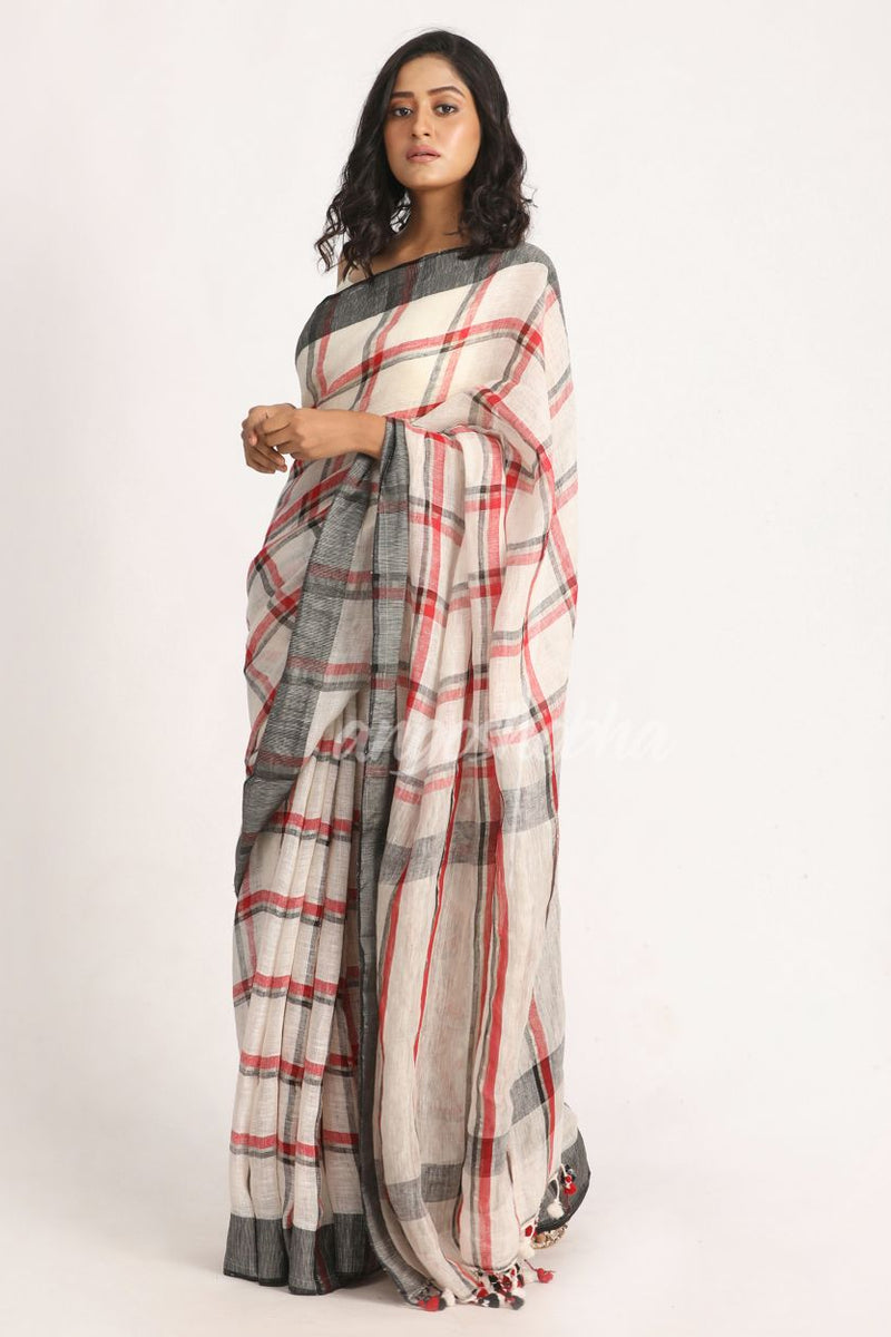 Off White Red Traditional Check Linen Handloom Saree