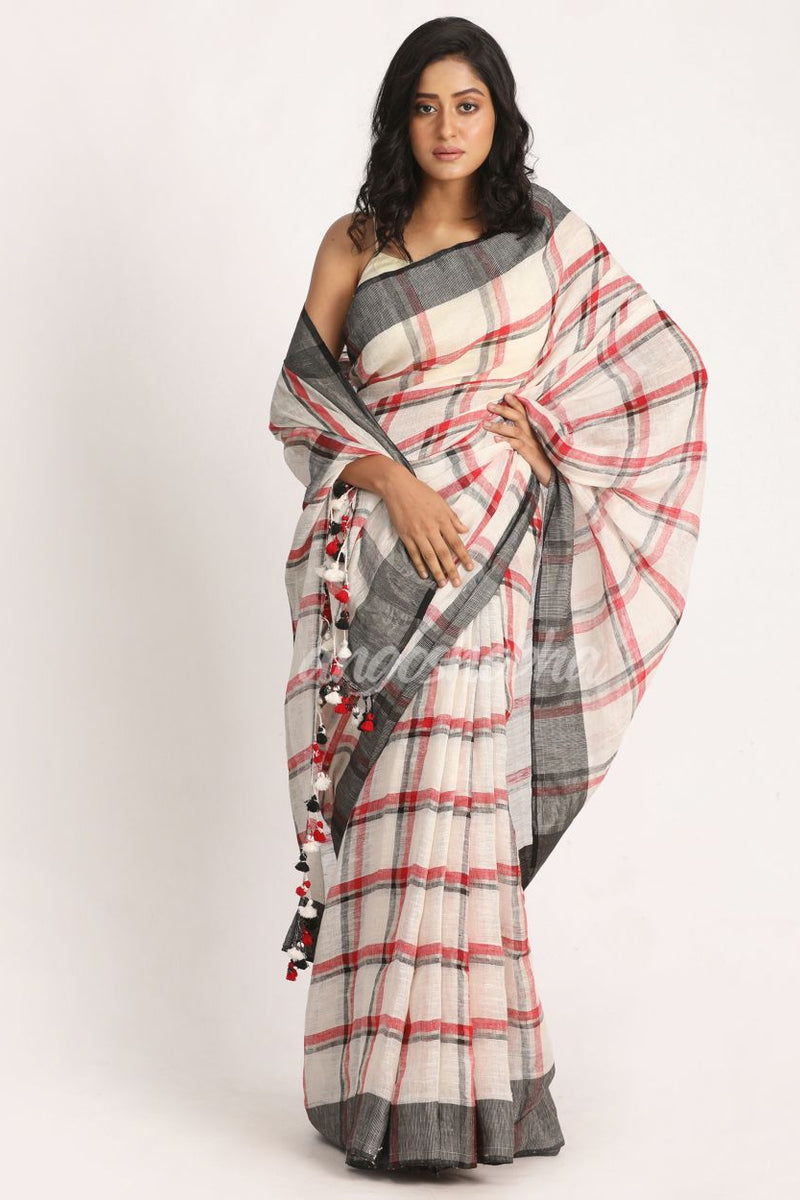 Off White Red Traditional Check Linen Handloom Saree