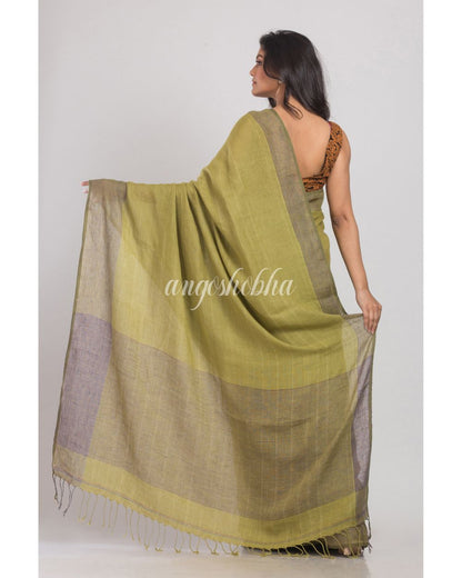 Olive Green Handwoven Linen Saree angoshobha