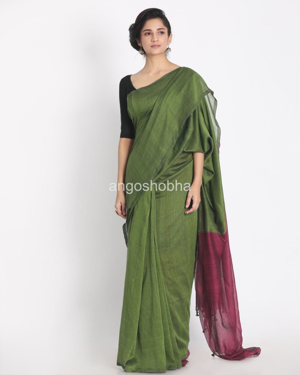 Olive handspun cotton handloom saree angoshobha