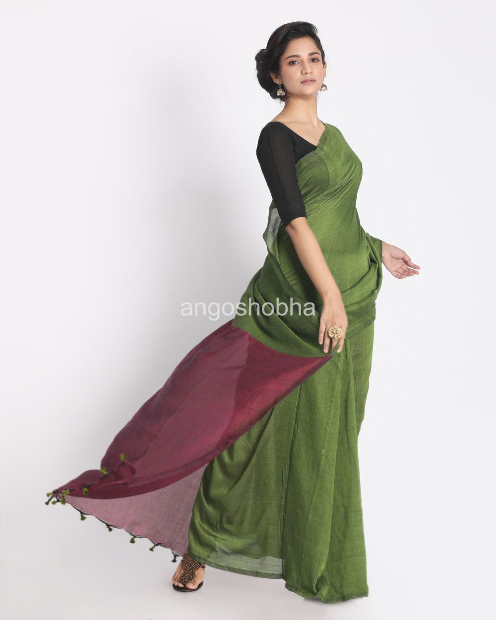 Olive handspun cotton handloom saree angoshobha